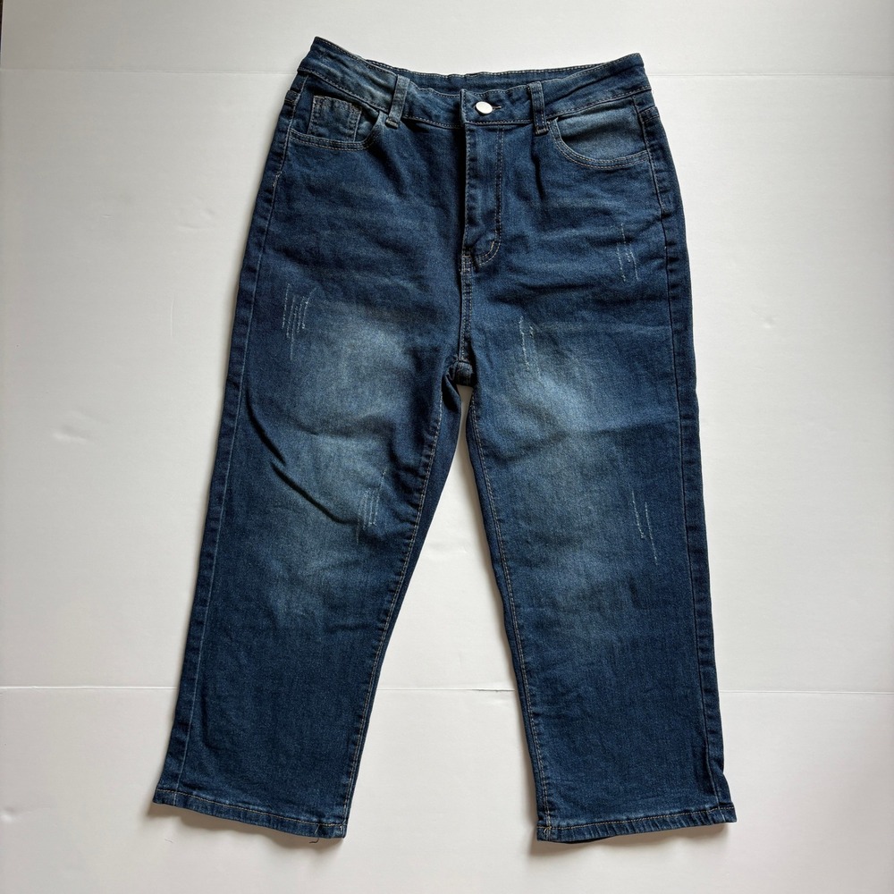 Women's Size M Blue Distressed Straight Leg Capri Jeans Stretch Denim